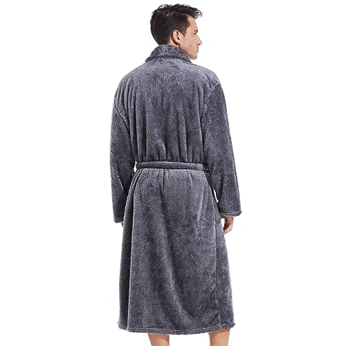 Inner Wish Mens Plush Fleece Robe, Cozy Warm Bathrobe Fuzzy Male Spa Long Robe With Pockets, Dark Grey, L/XL - Image 3