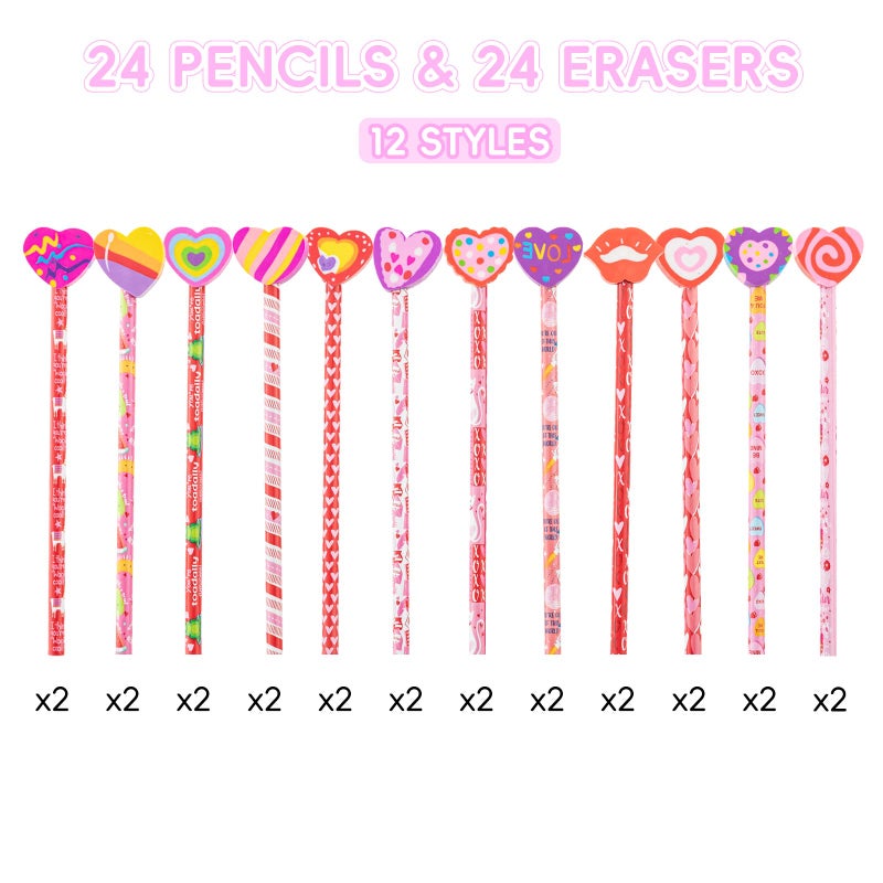 Jocomoni 24 Pieces Valentines Pencil Heart Wood Pencils with Giant Heart Shaped Eraser for Valentineâ€˜s Day Bag Filler Gift Prize Party Favor Classroom Reward - Image 3