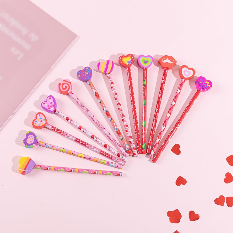 Jocomoni 24 Pieces Valentines Pencil Heart Wood Pencils with Giant Heart Shaped Eraser for Valentineâ€˜s Day Bag Filler Gift Prize Party Favor Classroom Reward - Image 5