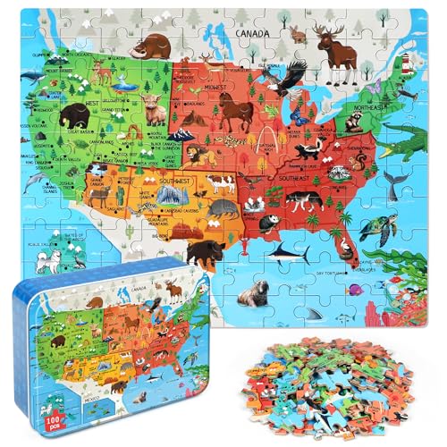 LELEMON Puzzles for Kids Ages 46Animal Map 100 Piece Puzzles for Kids Ages 48 in a Metal Box Educational Jigsaw Puzzles 100 Piece Puzzle Games Puzzle Toys for Girls and Boys - Image 1