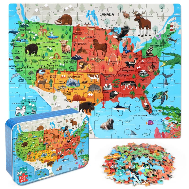 LELEMON Puzzles for Kids Ages 46Animal Map 100 Piece Puzzles for Kids Ages 48 in a Metal Box Educational Jigsaw Puzzles 100 Piece Puzzle Games Puzzle Toys for Girls and Boys - Image 3