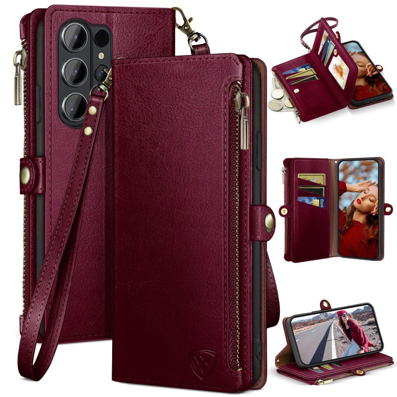 XcaseBar compatible with â€ŒSamsung Galaxy S26 Ultra Wallet case with Zipper Credit Card Holderã€RFID Blockingã€‘,Flip Folio Book PU Phone case Shockproof Cover Women Men for Samsung S26Ultra case Wine Red - Image 1