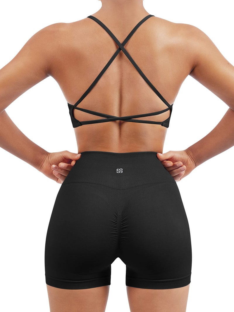 SUUKSESS Women Seamless 2 piece Workout Sets Strappy Padded Sports Bra Booty High Waisted Shorts Outfits (Black,L) - Image 1
