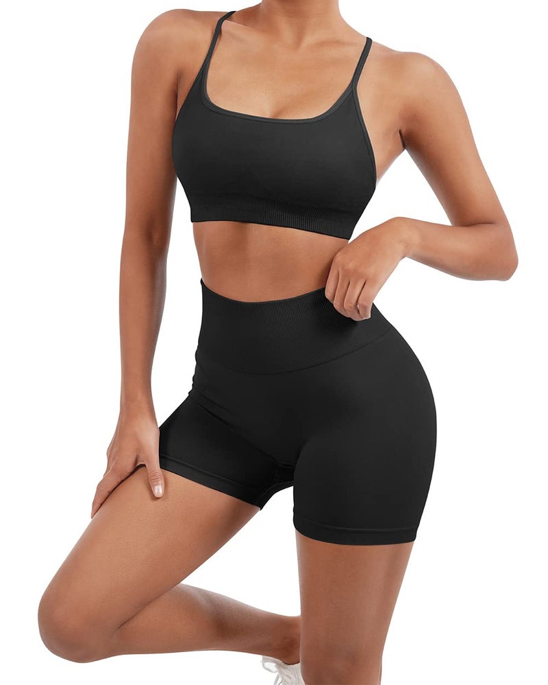 SUUKSESS Women Seamless 2 piece Workout Sets Strappy Padded Sports Bra Booty High Waisted Shorts Outfits (Black,L) - Image 2