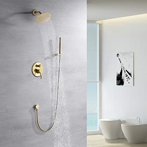 sumerain Brushed Gold Shower Faucet System with high pressure 8 Inches rain shower head and brass hand shower, Rough-In Valve Body and Trim Included - Image 3