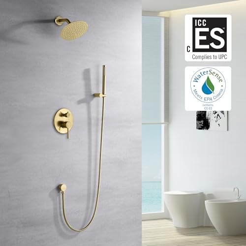 sumerain Brushed Gold Shower Faucet System with high pressure 8 Inches rain shower head and brass hand shower, Rough-In Valve Body and Trim Included - Image 2