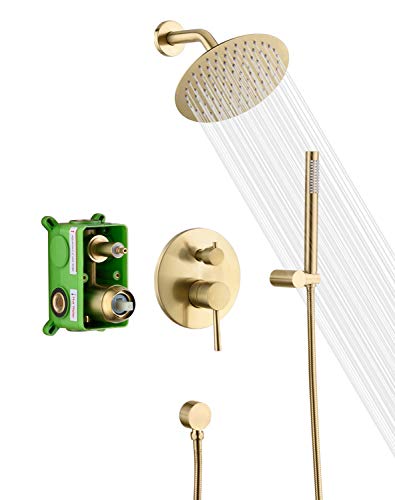 sumerain Brushed Gold Shower Faucet System with high pressure 8 Inches rain shower head and brass hand shower, Rough-In Valve Body and Trim Included - Image 1