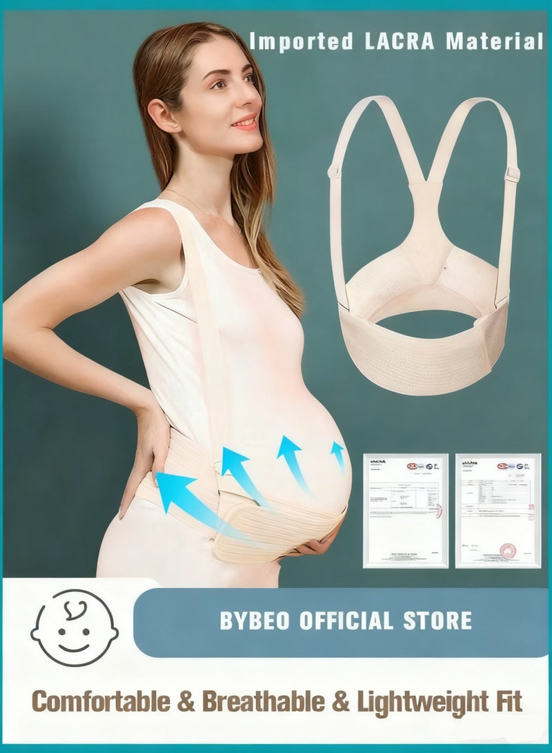 Beige Medium Maternity Belly Band for Pregnant Women Adjustable Breathable Pregnancy Support Belt with Back Brace and Shoulder Strap - Image 1
