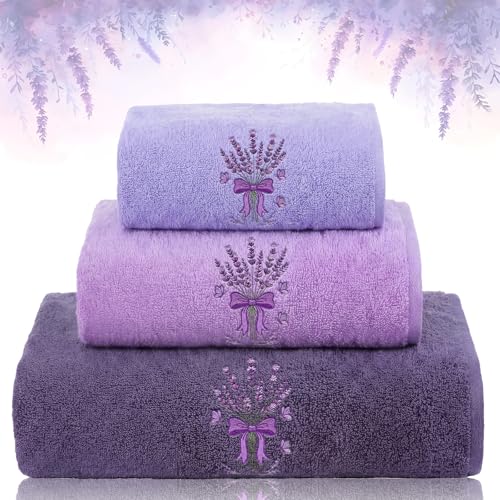 Gilprop 3 Pcs Lavender Embroidered Bath Cotton Towels Set Including 1 Bath Towel 1 Hand Towel and 1 Wash Cloth Lavender Purple Towels Gift Set for Kitchen Bathroom Gym Spa Decorations - Image 1