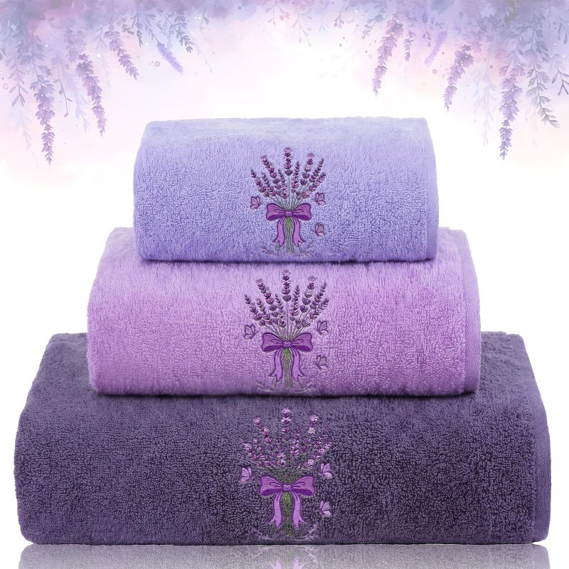 Gilprop 3 Pcs Lavender Embroidered Bath Cotton Towels Set Including 1 Bath Towel 1 Hand Towel and 1 Wash Cloth Lavender Purple Towels Gift Set for Kitchen Bathroom Gym Spa Decorations - Image 2