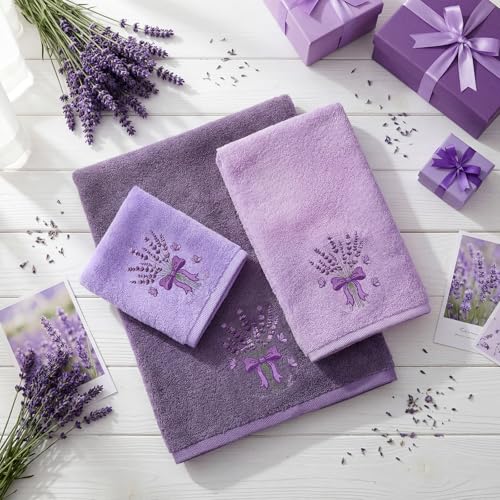 Gilprop 3 Pcs Lavender Embroidered Bath Cotton Towels Set Including 1 Bath Towel 1 Hand Towel and 1 Wash Cloth Lavender Purple Towels Gift Set for Kitchen Bathroom Gym Spa Decorations - Image 3