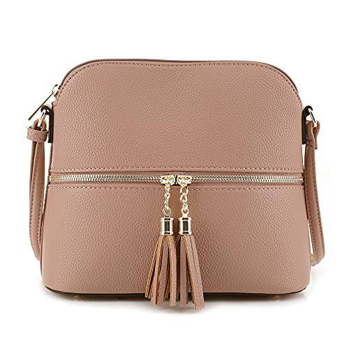 SG SUGU Lunar Lightweight Medium Dome Crossbody Bag Shoulder Bag with Double Tassels | Zipper Pocket | Adjustable Strap|Clay - Image 5
