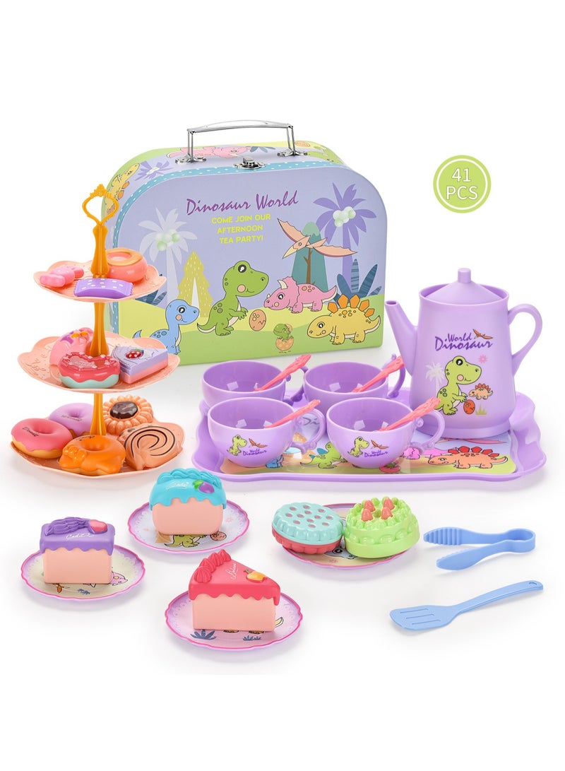 Dinosaur Tea Set Afternoon Tea Portable Gift Box, Plastic Set With Dessert Suitable For Little Girls, Safe And Durable Children'S Tea Party Kitchen Tableware Set Toys Suitable For Children Over 3 Years Old - Image 1