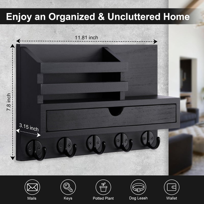 Lucundm Key Holder Wall Mount, Mail Holder with Storage Drawer and 5 Key Hooks for Coat, Dog Leash, Home Decor Rack, House Accessories, Entry Way Organizer - Image 5