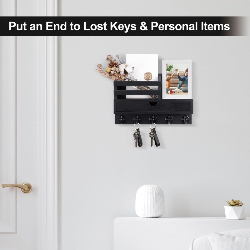 Lucundm Key Holder Wall Mount, Mail Holder with Storage Drawer and 5 Key Hooks for Coat, Dog Leash, Home Decor Rack, House Accessories, Entry Way Organizer - Image 2