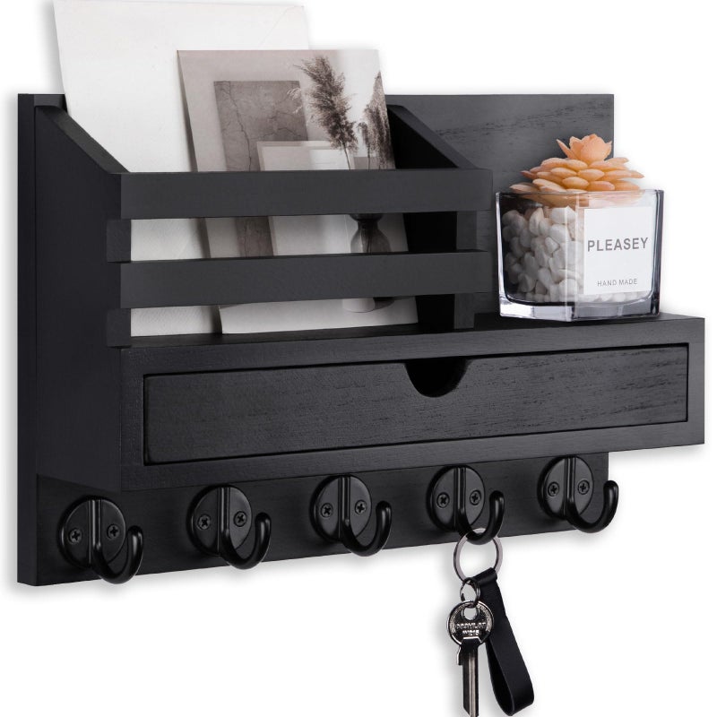 Lucundm Key Holder Wall Mount, Mail Holder with Storage Drawer and 5 Key Hooks for Coat, Dog Leash, Home Decor Rack, House Accessories, Entry Way Organizer - Image 1