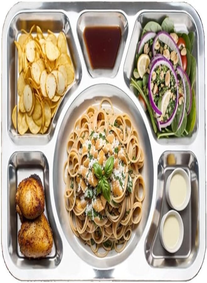 Happy Home BUY 2 GET 2 FREE Stainless Steel 6 Compartment Thali, Food Serving Dinner Plate, Divided Dinner Tray/Lunch Container, Metal Plate, 4 Pc - 6 Sections