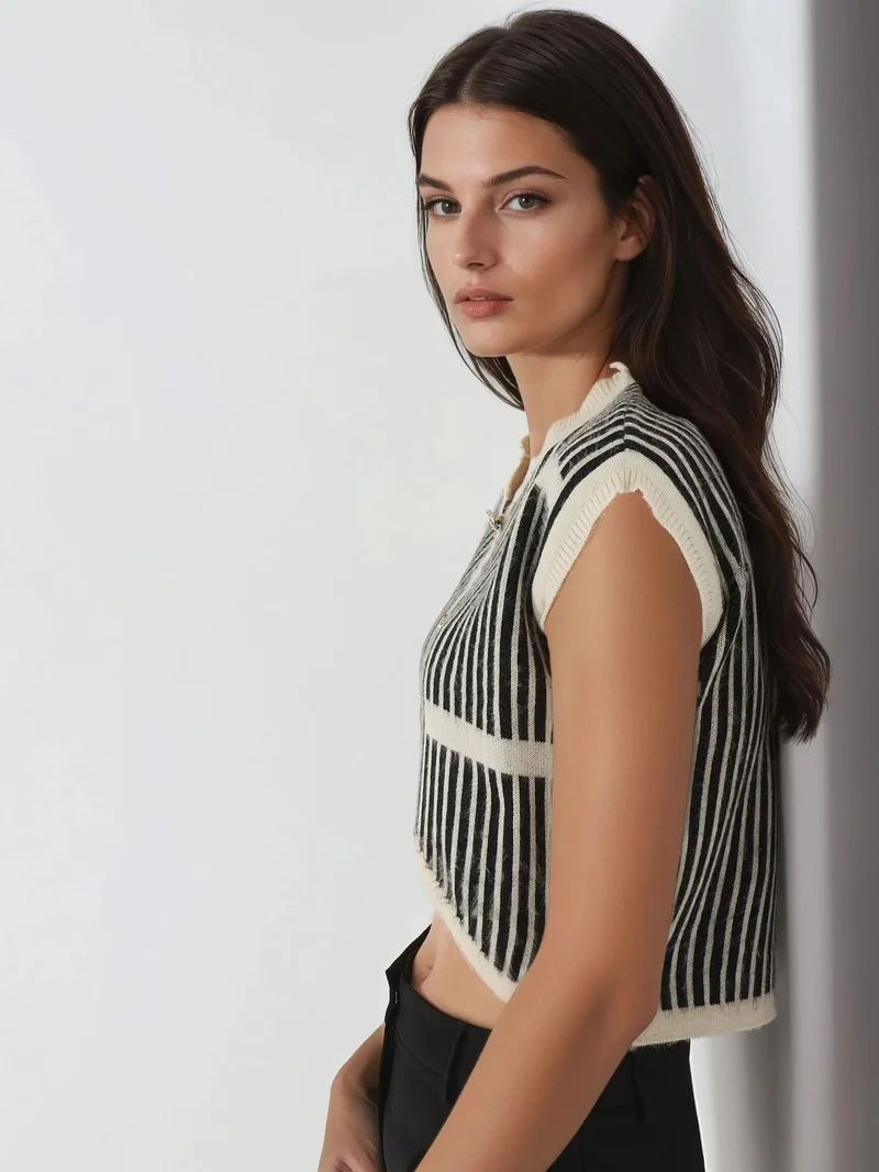MY FASHION MY FASHION Striped Ribbed Knit Crop Top with Button Closure