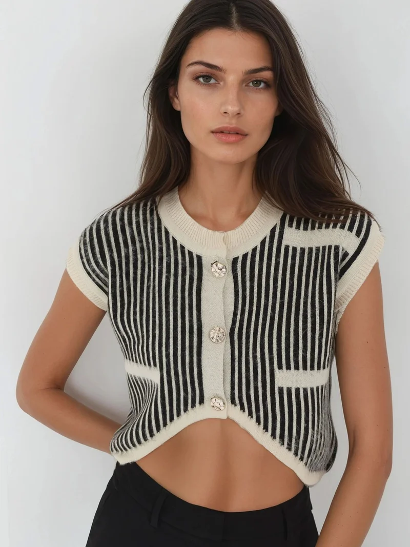 MY FASHION White MY FASHION Striped Ribbed Knit Crop Top with Button Closure for Women | Best Price UAE