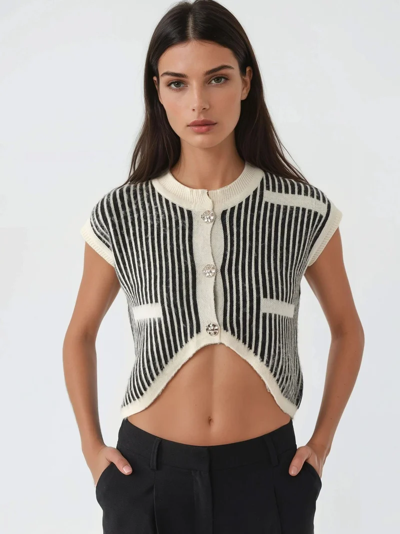 MY FASHION White MY FASHION Striped Ribbed Knit Crop Top with Button Closure for Women | Best Price UAE