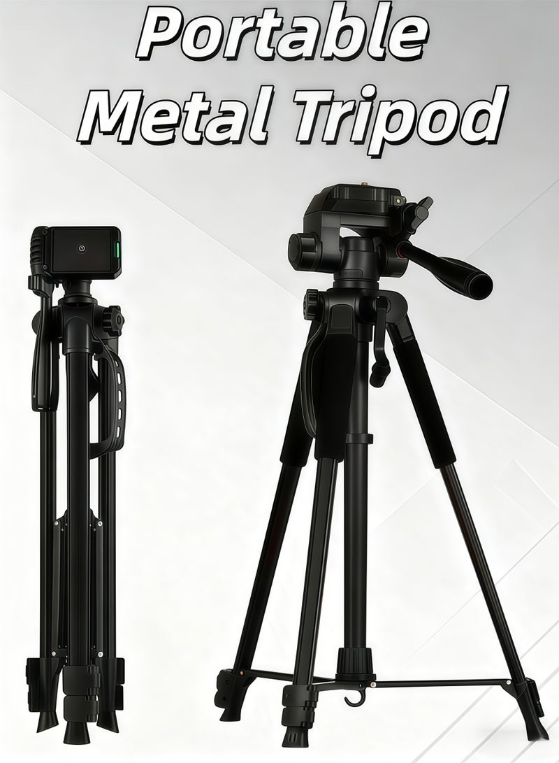 شو وو حامل ثلاثي معدني محمول، قابل للطي بطول 140 سم، يدور 360 درجة، حامل للهاتف المحمول، متوافق مع جهاز العرض، حامل ثلاثي لعصا السيلفي، حامل ثلاثي قابل للتمديد، للسفر، وتسجيل مقاطع الفيديو، والفيديو، والصور، (أسود) - Image 1