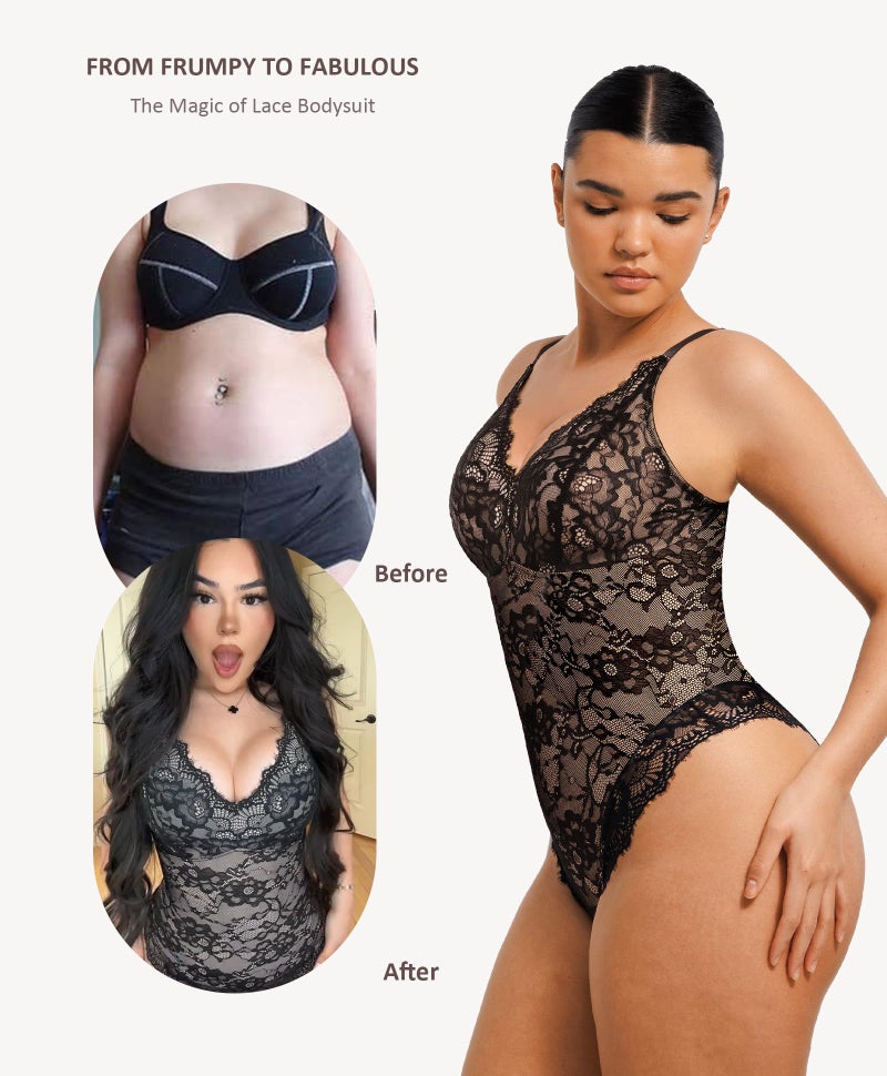 FeelinGirl Bodysuits for Women Shapewear Tummy Control Lace V-Neck Body Suits Tops Backless Body Shaper Black XL - Image 4