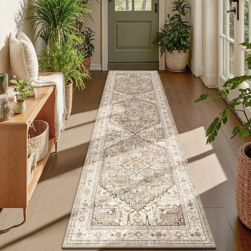 Yamaziot Washable Runner Rug, 2x8 Non-Slip Boho Vintage Hallway Rug Runner with Rubber Backing, Stain Resistant & Low Pile Faux Wool Distressed Carpet Runner for Bedroom, Kitchen, Laundry, Entrance - Image 1