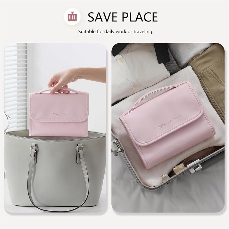 حقيبة مكياج للسفر، منظم مستحضرات التجميل مع مقبض وثلاث حقائب تجميل شفافة قابلة للإزالة، مناسبة لأساسيات السفر المحمولة، وردي - Image 3