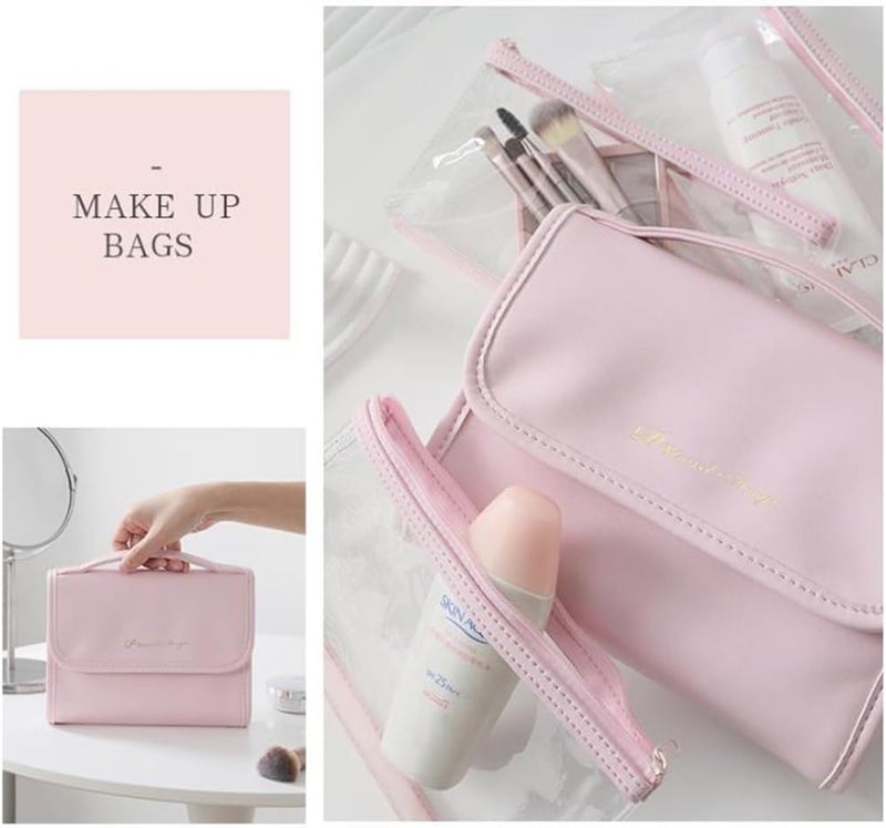 حقيبة مكياج للسفر، منظم مستحضرات التجميل مع مقبض وثلاث حقائب تجميل شفافة قابلة للإزالة، مناسبة لأساسيات السفر المحمولة، وردي - Image 5