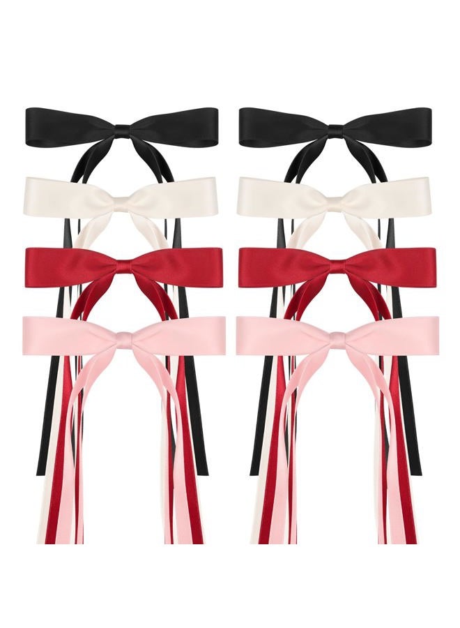 EWAGOA 8 PCS Silky Satin Hair Bows with Tassel for Women Grils, Tassel Ribbon Bowknot Hair Clips for Ponytail Holder. Pink, Red Hair Bow and Black, White Barrettes Claw Bow - Image 1
