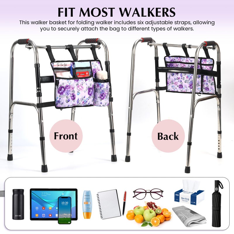CLEKEGBAG Walker Accessories for Folding Bag Walker Seniors Organizer Storage Pouch Cup Holder Carry with Pockets Detachable -Purple Flower - Image 3