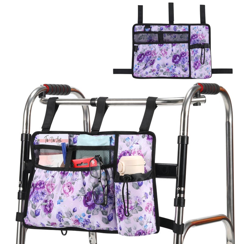CLEKEGBAG Walker Accessories for Folding Bag Walker Seniors Organizer Storage Pouch Cup Holder Carry with Pockets Detachable -Purple Flower - Image 1