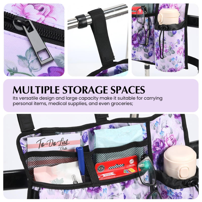 CLEKEGBAG Walker Accessories for Folding Bag Walker Seniors Organizer Storage Pouch Cup Holder Carry with Pockets Detachable -Purple Flower - Image 5