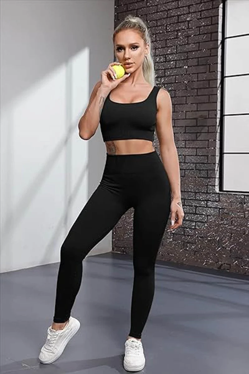 هيبسين راكيب Rival to All, Flexible Ribbed Sports Tights and Wide Strap Padded Bustier Set - Women's High Waist Combination