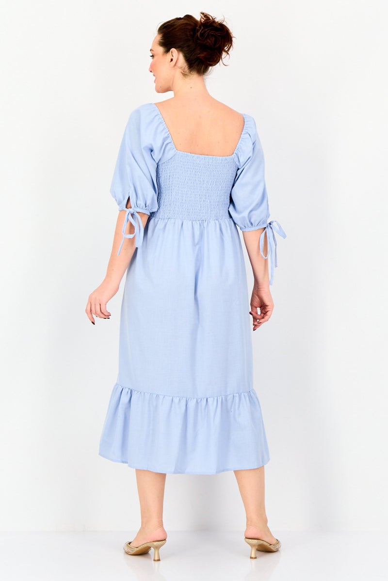 BRAVE SOUL Women Shirred A-Line Dress, Light Blue - Image 3