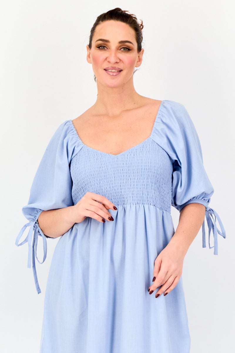 BRAVE SOUL Women Shirred A-Line Dress, Light Blue - Image 4