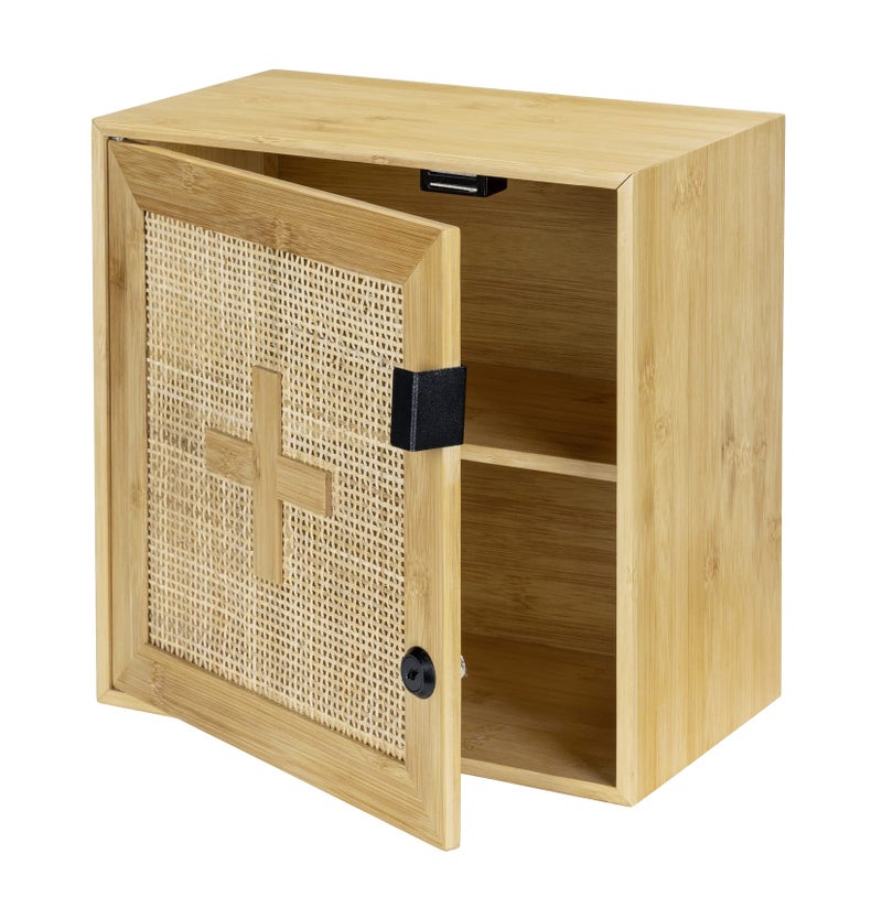 WENKO Allegre Medicine Cabinet Lockable Bamboo and Rattan Weave in Boho Style with Fixings 30 x 30 x 178 cm Natural