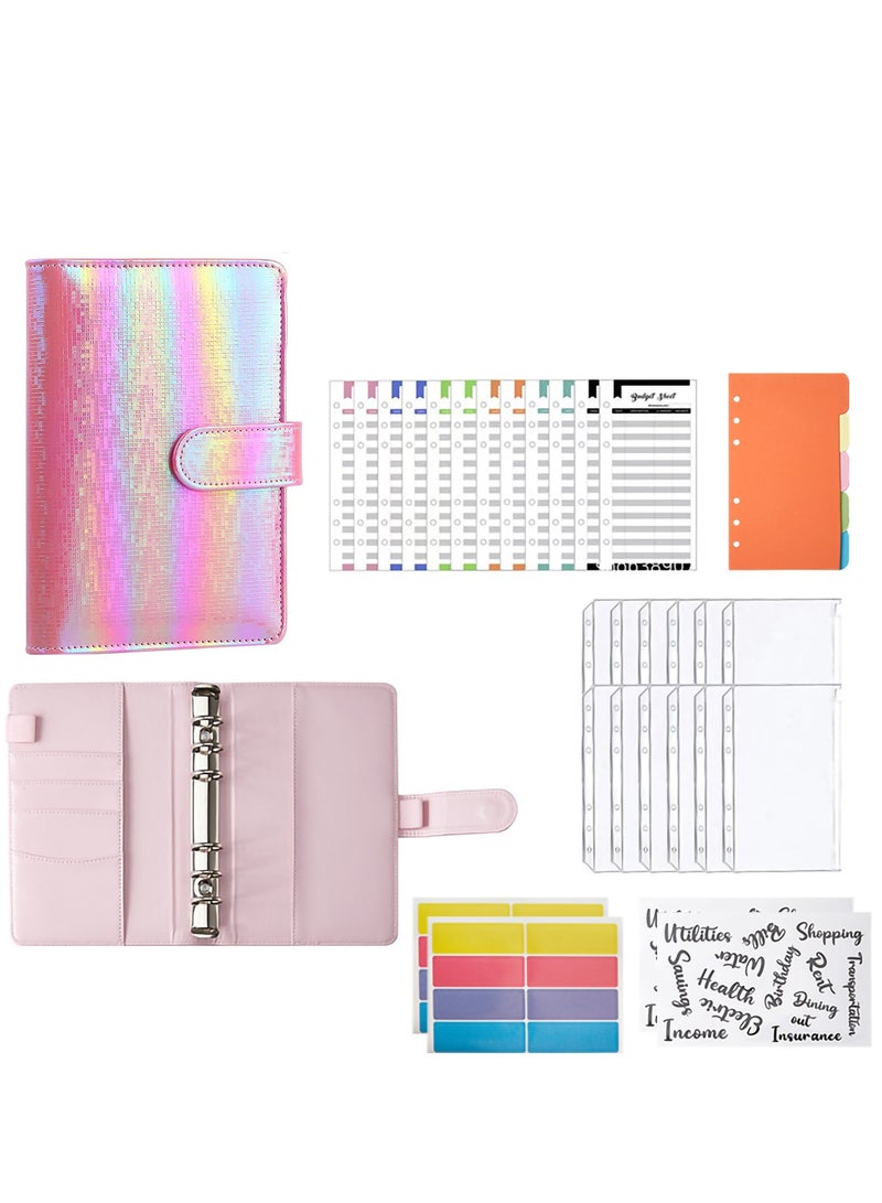 Zikra A6 Cash Envelopes Budget Binder,6 Ring Leather Notebook Binder Cover Binder Money Organizer Zippe Pockets,12pcs Expense Budget Sheets, 2pcs Letter Sticker Labels, Saving Cash Envelopes System (Pink) - Image 1