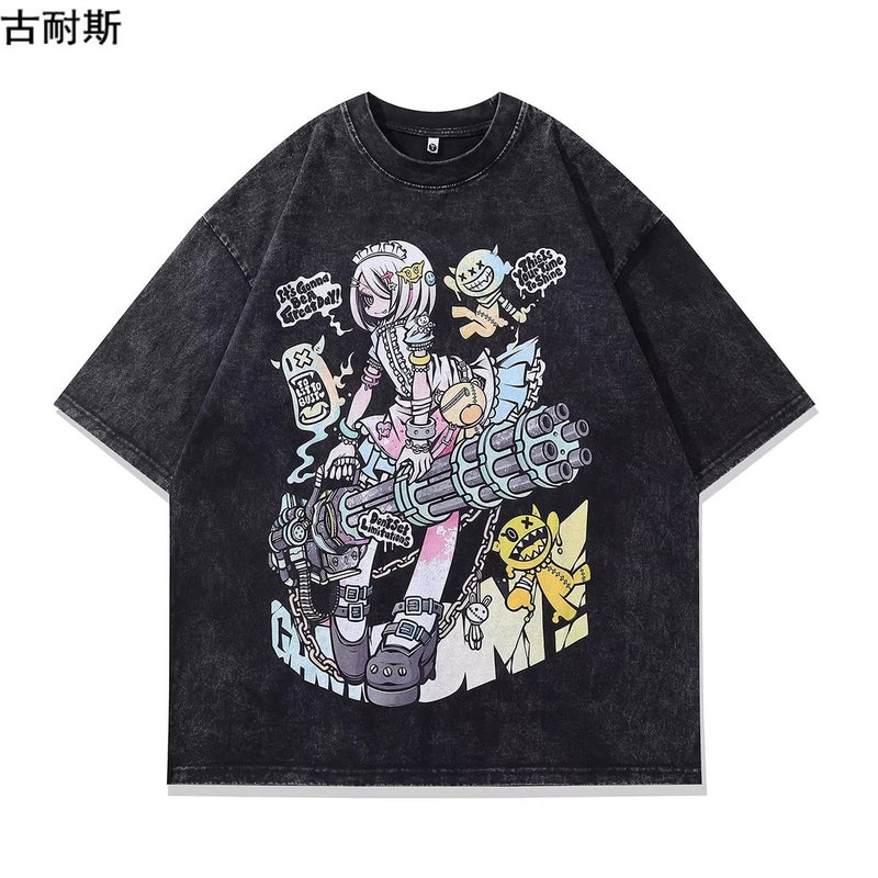 American Fashion Brand Printing Retro Distressed Washed Short Sleeve Loose Joker Hip Hop T-Shirt Loose Trend - Image 1