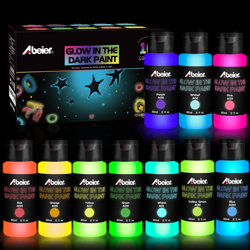 ABEIER Glow in the Dark Acrylic Paint - 10 Bright Colors (60ml/2oz) Long Lasting Glow Fluorescent Paint for DIY Projects, Halloween, Easter, Christmas Decorations - Image 1