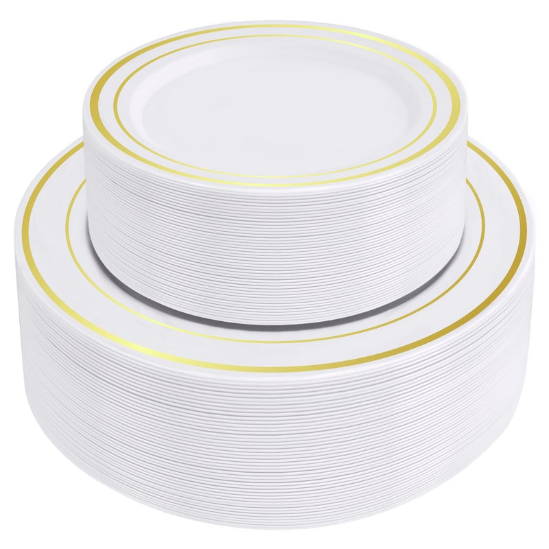 SETUP 100Piece Gold Trim Plastic Dinnerware Set  50 1025 Dinner  50 75 Salad Plates  HeavyDuty Disposable for Weddings Catering Parties
