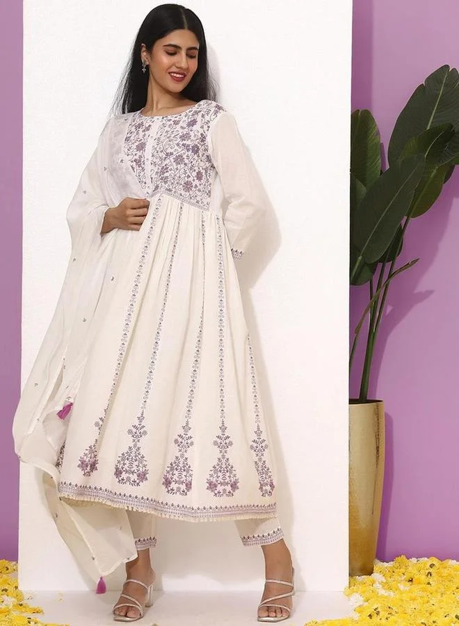 ISHIN Ishin White Cotton Blend Kurta with Pants and Dupatta Set