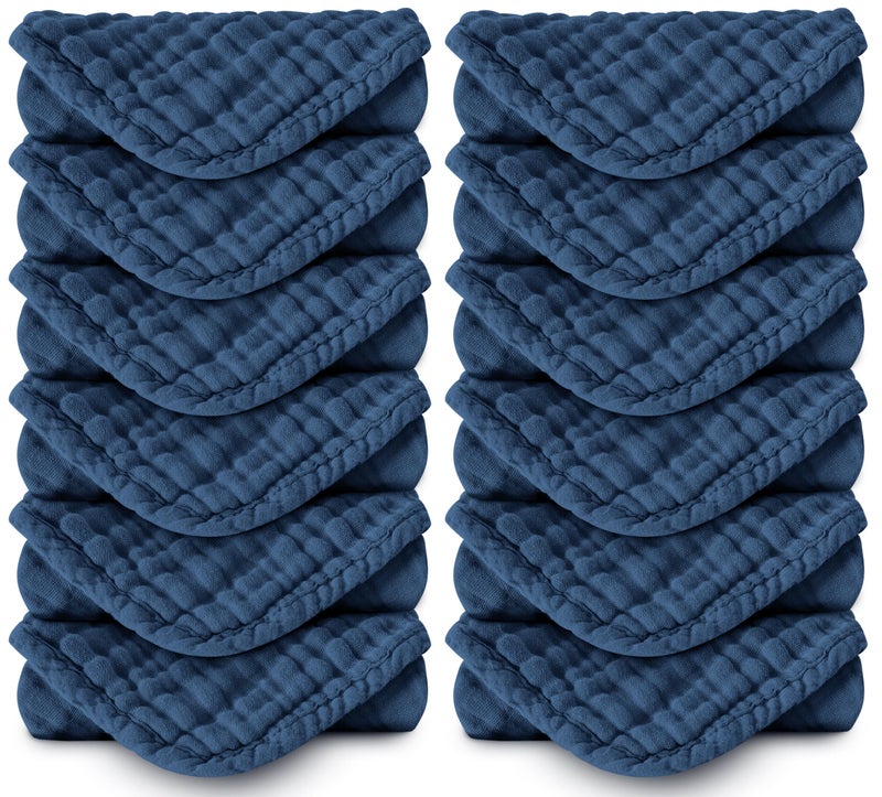 Spotted Play 12 Pack Muslin Cotton Baby Burp Cloths - 20"x10", Navy Blue - Image 1