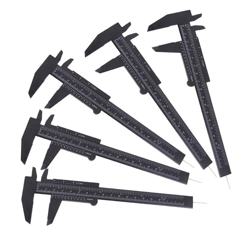 TamBee Plastic Vernier Caliper, 150mm Mini Caliper for School Students, Double Scale Caliper Jewelry Brow Sliding Gauge Ruler Measuring Tool 6Inch 5PCS(Black) - Image 1