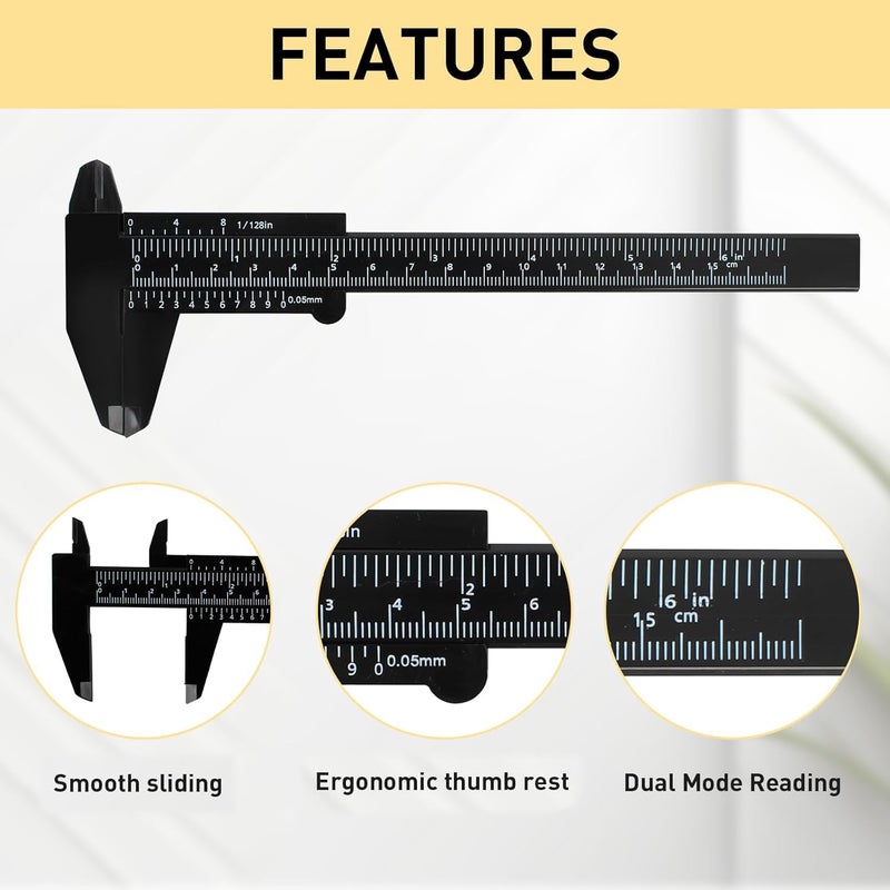 TamBee Plastic Vernier Caliper, 150mm Mini Caliper for School Students, Double Scale Caliper Jewelry Brow Sliding Gauge Ruler Measuring Tool 6Inch 5PCS(Black) - Image 5