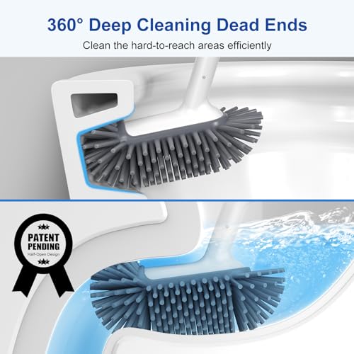 HAMITOR Toilet Bowl Brush Holder Set: Deep Cleaning Silicone Toilet Cleaner Scrubber Under Rim with Curved Bristle for Bathroom Dead Corner Clean - Modern Rv Toilet Decorative Accessories - White - Image 2