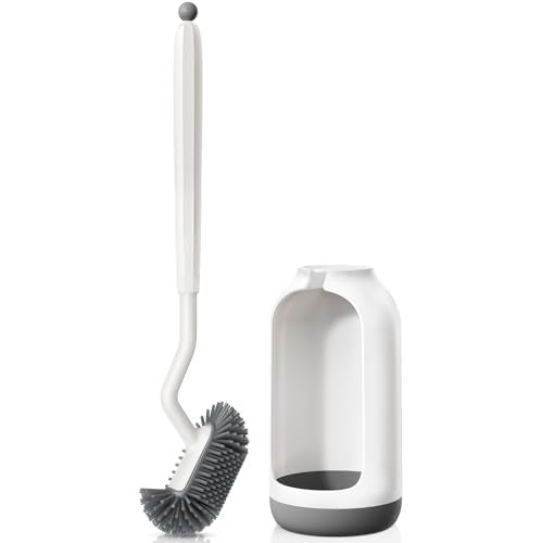 HAMITOR Toilet Bowl Brush Holder Set: Deep Cleaning Silicone Toilet Cleaner Scrubber Under Rim with Curved Bristle for Bathroom Dead Corner Clean - Modern Rv Toilet Decorative Accessories - White - Image 1