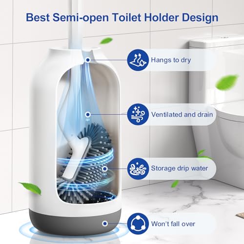 HAMITOR Toilet Bowl Brush Holder Set: Deep Cleaning Silicone Toilet Cleaner Scrubber Under Rim with Curved Bristle for Bathroom Dead Corner Clean - Modern Rv Toilet Decorative Accessories - White - Image 3