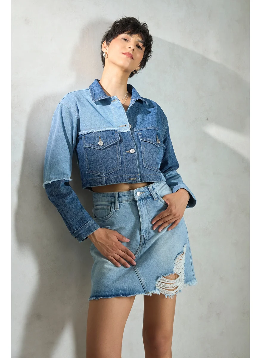 فيرجيو Virgio Women Washed Crop Denim Jacket with Patchwork