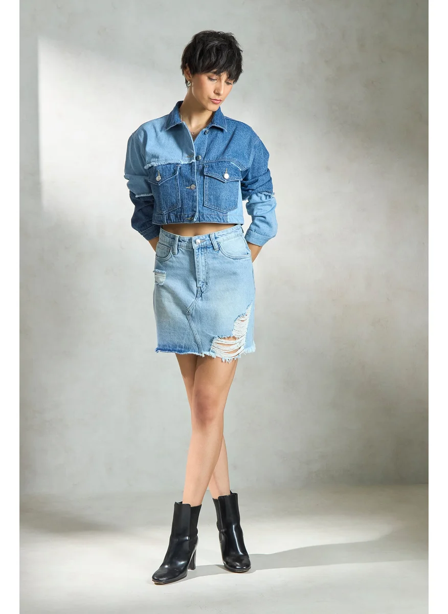 فيرجيو Virgio Women Washed Crop Denim Jacket with Patchwork